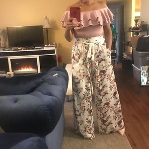 Floral wide leg dress pant with rope belt